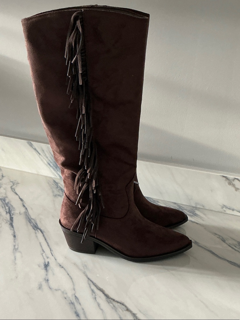 Western Style Tall Fringe Suede Knee-High Boots - Brown